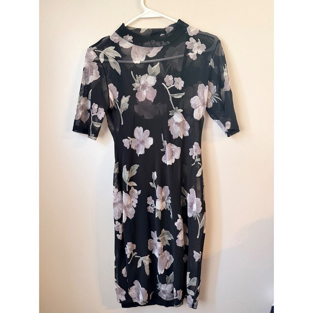 Y2K Putters Pot Black‎ Floral Mesh Mock Neck Short Sleeve Sheer Mini Dress Party